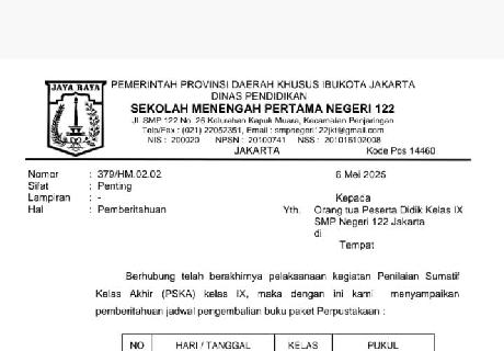 Jadwal Pengembalian Buku Kelas 9